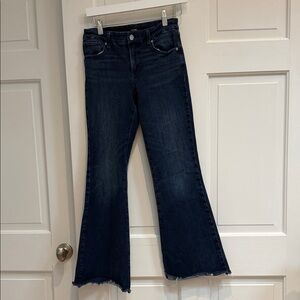 Express Dark Indigo Flare Jeans. Short length